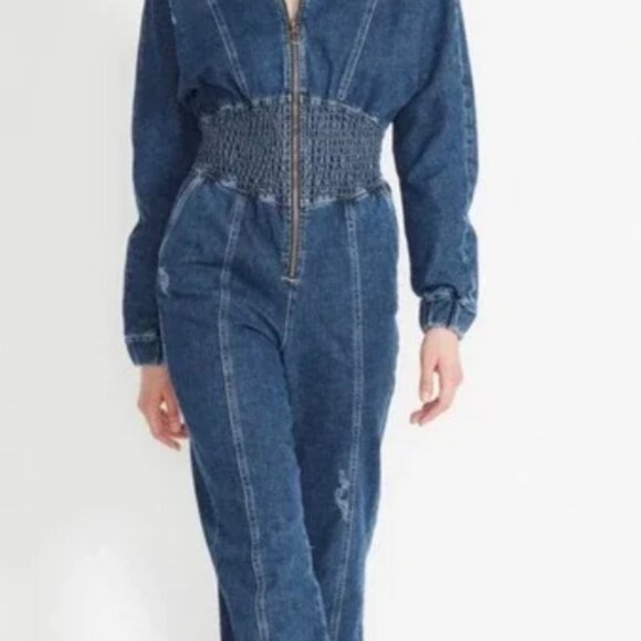 NWT Steve Madden "Nissa" Distressed Denim Smock-Waist Jumpsuit Size Small - Picture 5 of 16